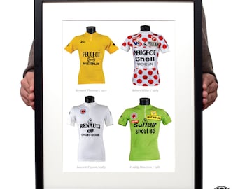 Legends: The Tour de France Classifications, the winners original race worn vintage cycling jerseys, art poster print