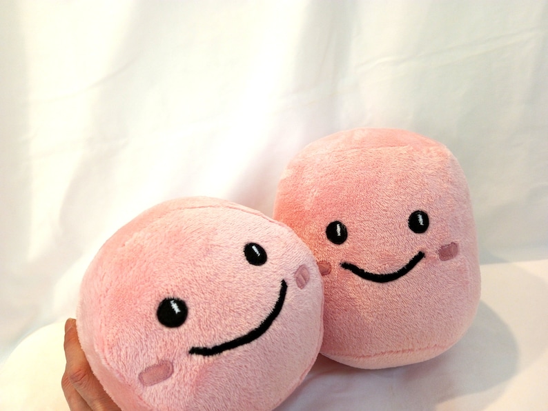 May include: Two pink plush toys with smiling faces. The toys are shaped like a sphere and a cube.