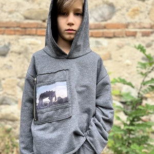 Grey Hoodie for children and teenagers with Monster Day 18 print Custom Order for kids day 18 plush toys SCP