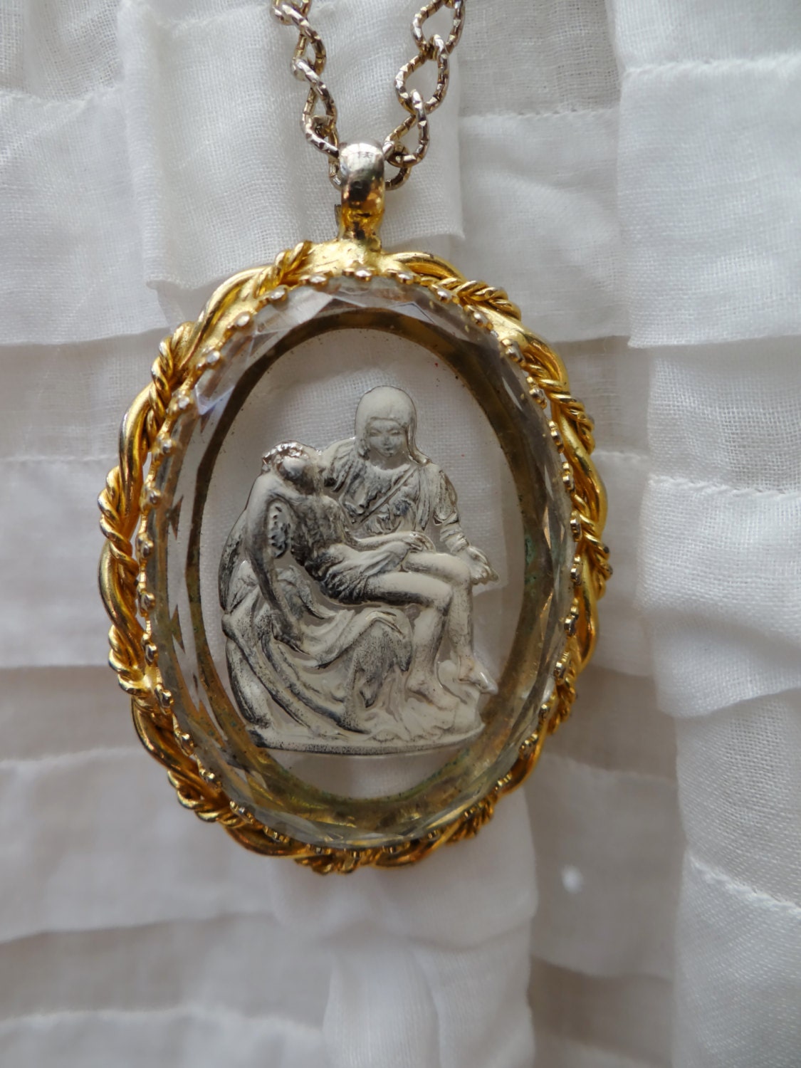 Vintage Religious Brass Glass Pieta Sculpture Intaglio Pendant Etsy
