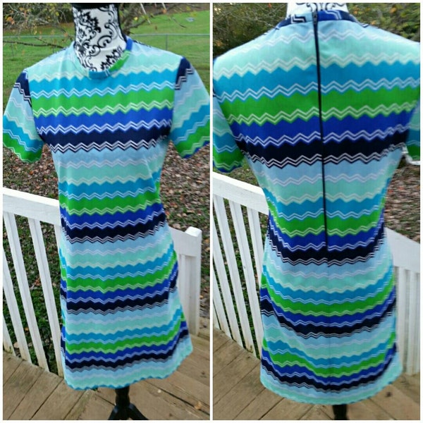 Vintage Fritzi of California Multi colored /chevron pattern/blue/green mod dress 1960s