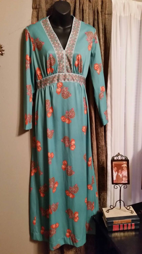 Vintage 70's//flowered//green//orange dress - image 4