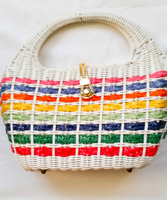 Vintage White Multi Colored Bucket Handbag