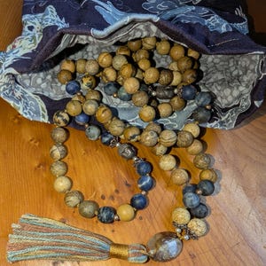 Meditation Mala beads: traditional 108 hand-knotted 9mm picture jasper & sodalite.  For yoga Japa meditation or necklace. Handmade bag.