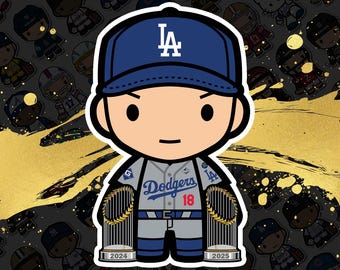 May include: A custom 4x3 player magnet featuring a cartoon illustration of Yoshinobu Yamamoto in a Dodgers uniform. The magnet includes the text "Dodgers 18" and "2024" and "2025" on the trophy. The text "4X3 CUSTOM PLAYER MAGNET" is at the top.