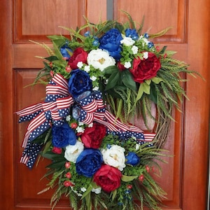 Patriotic Summer Wreath, 4th of July Door Decor, Red White Blue Wreath, Memorial Day Wreath, Americana Front Door Decor