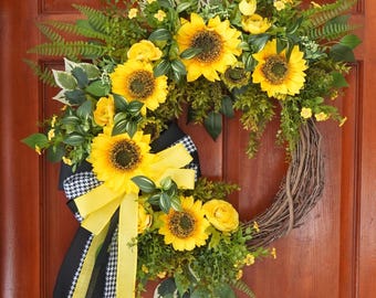 Sunflower Wreath, Yellow Wreath, Summer Wreath, Front Door Wreath, Mother's Day Gift, Spring Wreath, Farmhouse Door Wreath,