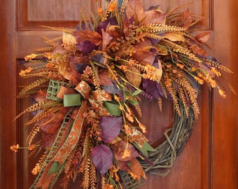 Rustic Fall Grapevine Wreath  | Front Door Fall Wreath | Autumn Door Wreath | Burgundy Orange Leaves Wreath