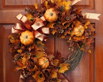 Fall Grapevine Wreath & Orange Pumpkins | Maple Leaf Fall Wreath | Brown Autumn Door Wreath | Thanksgiving Wreath | Harvest Pumpkin Wreath