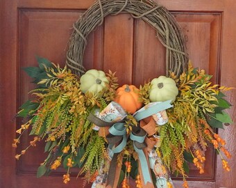 Velvet Pumpkin Fall Wreath | Burgundy & Green Grapevine Wreath | Elegant Thanksgiving Decor | Autumn Front Door Wreath | Harvest Fall Decor