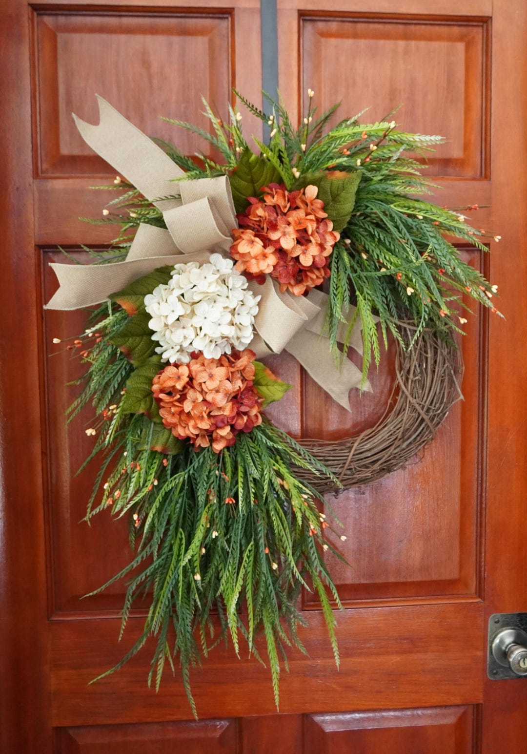 Fall Grapevine Orange & Cream Hydrangea Wreath | Front Door Autumn ...