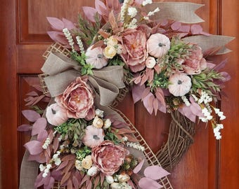 Blush Pink Fall Wreath with Velvet Pumpkins | Peony Grapevine Wreath | Elegant Farmhouse Autumn Door Decor | Neutral Thanksgiving Wreath