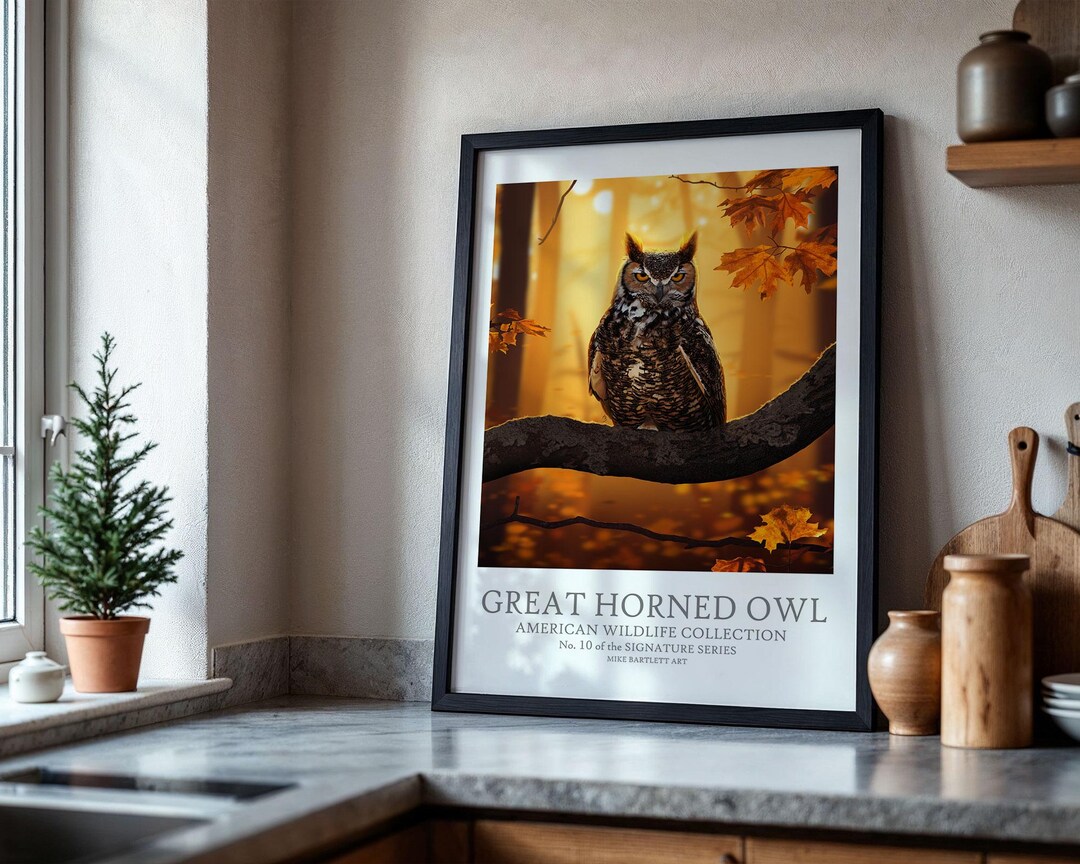 Great Horned Owl Framed Art Poster – Hand-drawn Woodland Wildlife ...