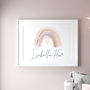 May include: A white framed print featuring a watercolour rainbow in shades of pink, grey, and brown. The rainbow has a small heart in the centre. The text "Isabella Fleur" is written in black cursive below the rainbow.