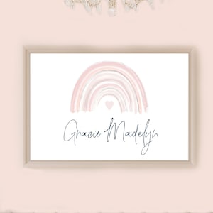 Nombre personalizado signo arco iris cartel vivero nombre impresión acuarela arco iris descarga digital tonos rosados arte de pared personalizado Boho arco iris impresión