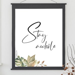 Stay Awhile Minimal Line Art Farmhouse Guest Room Stay Awhile Print Guest Room Wall Art Greenery Poster Printable Art Digital Print Home Art