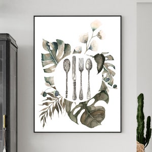 Utensil Decor Antique Silverware Trendy Wall Art Greenery Print Knife Fork Spoon Monstera Plant Greenery Poster Watercolor Greenery Cutlery