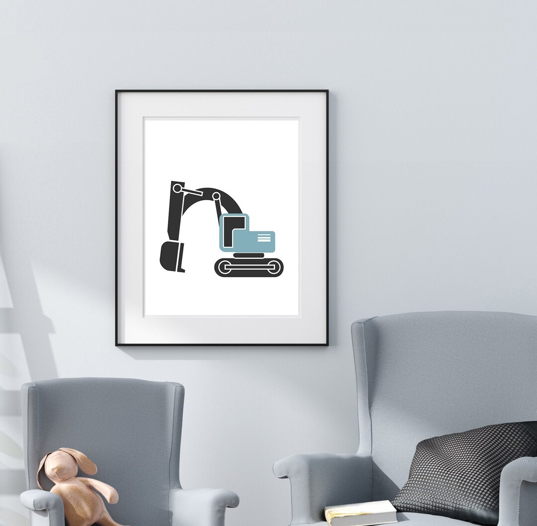 Nursery Excavator Poster Blue Excavator Print Boy Nursery Art Etsy