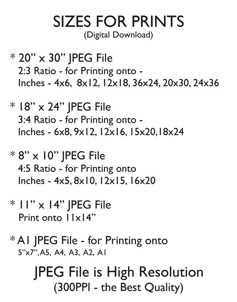 May include: A guide to different sizes for digital prints, including 20x30 inches, 18x24 inches, 8x10 inches, 11x14 inches, and AI sizes. The text states that the JPEG files are high resolution and 300PPI.