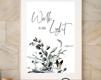 Faith Print Light of the World Greenery Wall Art Bible Quote Print Walk in the Light Scripture Printable Bible Verse Print Faith Printable