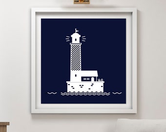 Stampa nautica dell'asilo nido 12x12, Faro digitale, Stampa del faro dell'asilo nido, Download istantaneo, Faro blu scuro e bianco, Stampa dell'arredamento dell'asilo nido