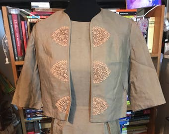 Flawless 1950's Sheath Dress and Cropped Jacket Set With Lace Appliques