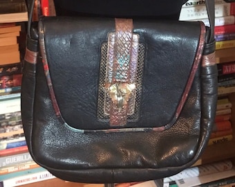 80's Soft Black Leather Shoulder Bag with Hand Painted/Brass Accents