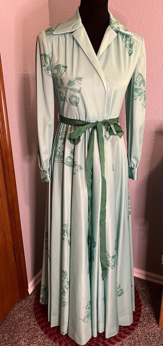 70’s Handmade Polyester Butterfly Print Maxi Dress