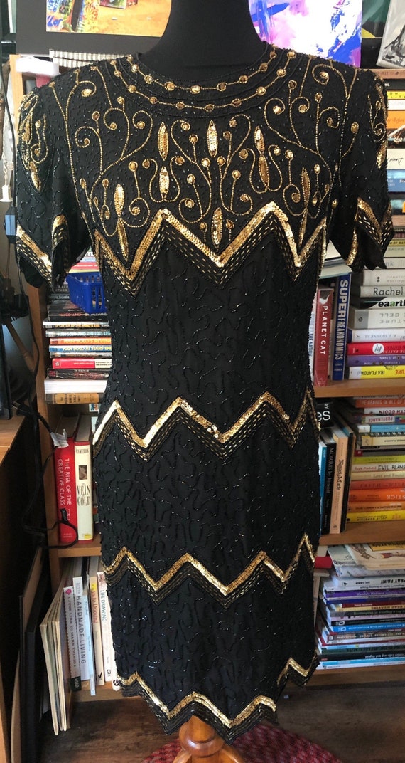 Laurence Kazar Black and Gold Beaded Dress - image 1