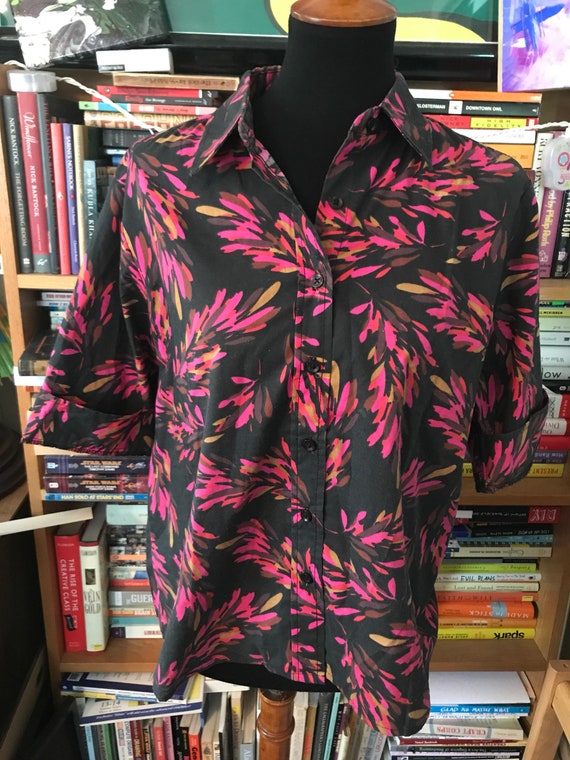 80's Half Sleeve Neon Pink Leaf Print Blouse by Am