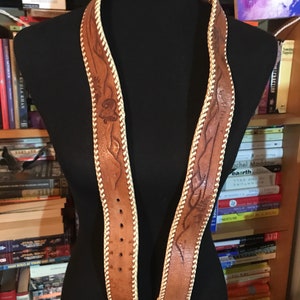 Handmade Tooled Leather Belt WITHOUT Buckle (has Initials &quot;LEJ&quot;)