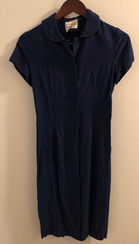 50’s  Navy Blue Button Front Day Dress with Peter… - image 2