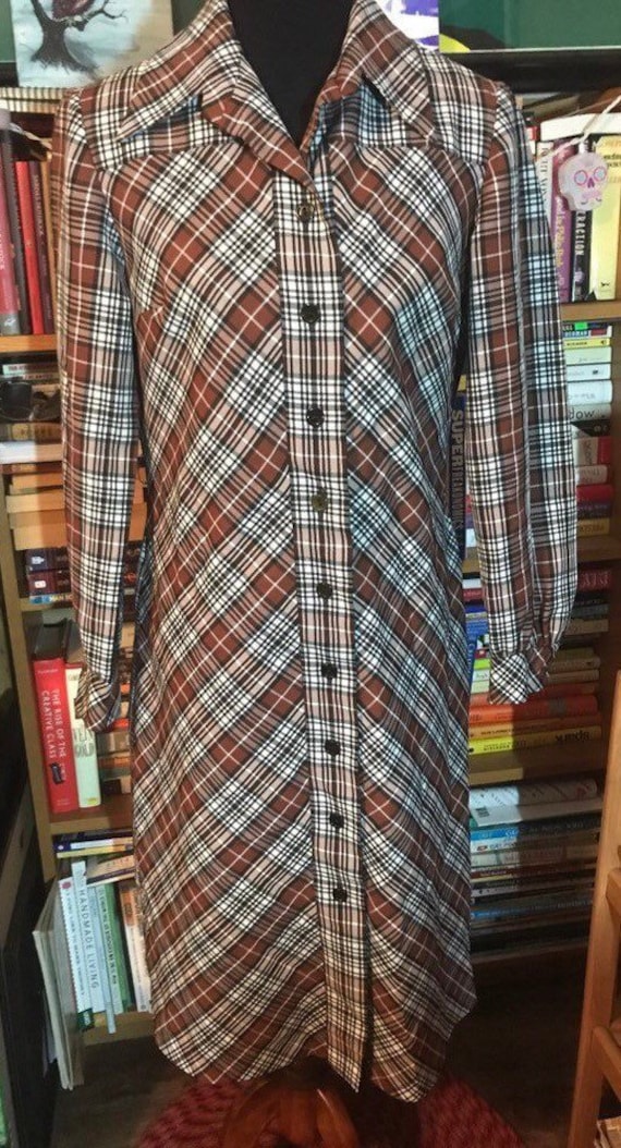 70's R & K Knits Polyester Plaid Button Front Dre… - image 1