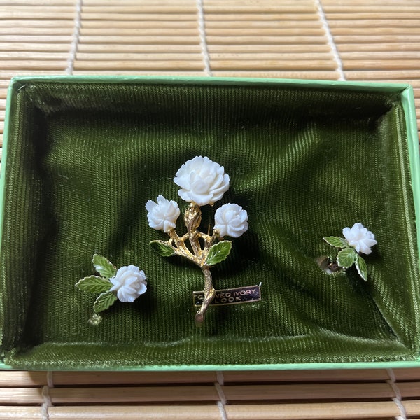 60’s “Ivory Look” Resin and Enamel Brooch and Shoe Clips/Clip Earrings