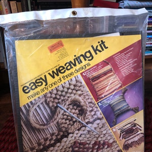 May include: A yellow and black easy weaving kit with instructions for making a shoulder bag, woven pillow, and wall hanging. The kit includes yarn, a loom, and a needle. The kit is recommended for ages 12 and up. Net weight 9 oz.