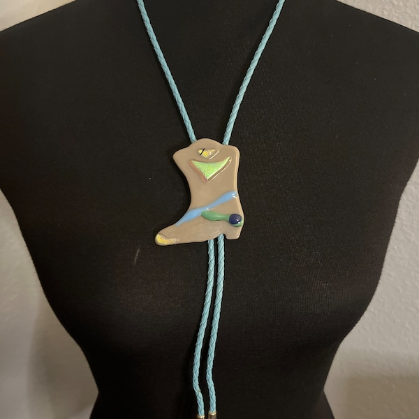 80’s Dichroic Fused Glass Cowboy Book Bolo Tie