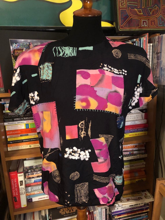 90’s Abstract Print Rayon Top by AKF New York