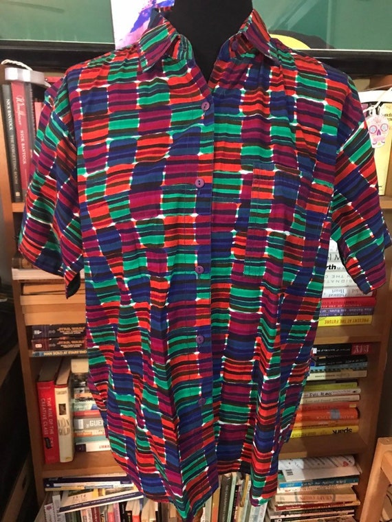 80's/90's Block Printed Short Sleeve Cotton Blouse