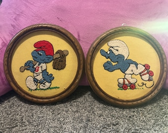 Pair of 80’s Framed Smurf Punch Needle Embroideries