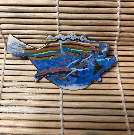 80’s Hand Painted Ceramic Fish Brooch - image 1