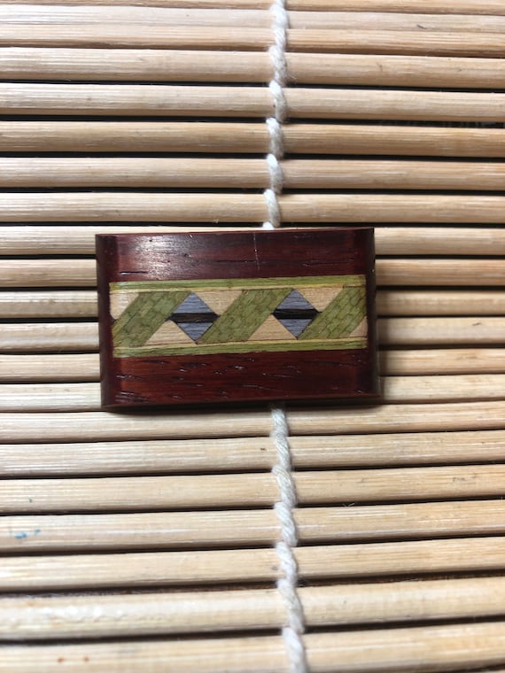 Lightweight Rectangular Inlaid Wood Brooch