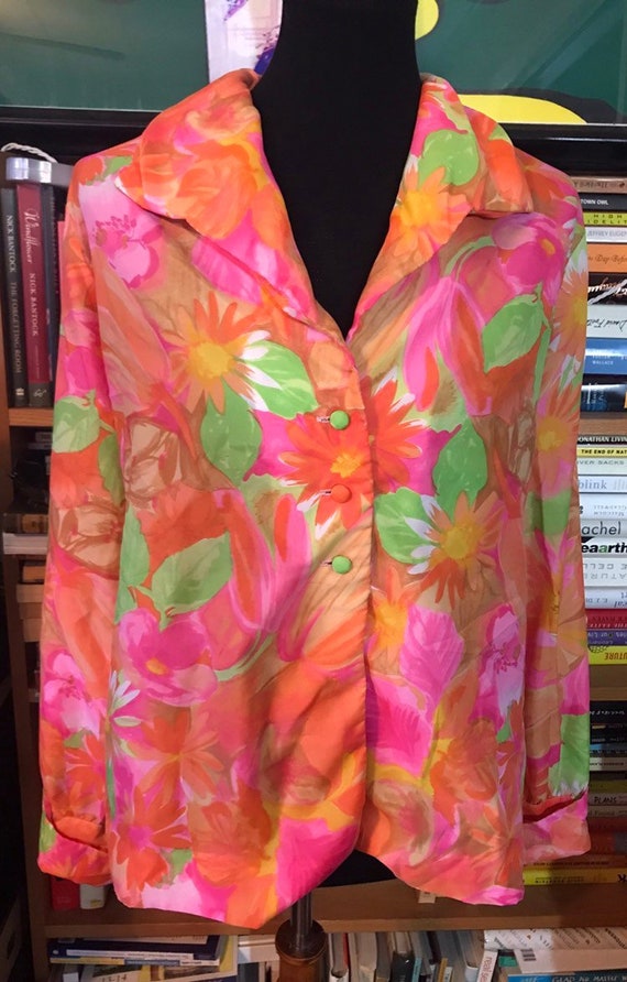 70's Neon Floral Nelly de Grab New York Button Fr… - image 1