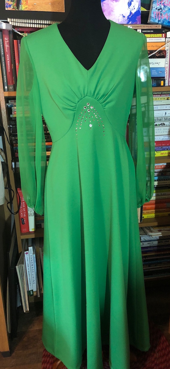 70’s Bright Green Polyester Evening Dress with She