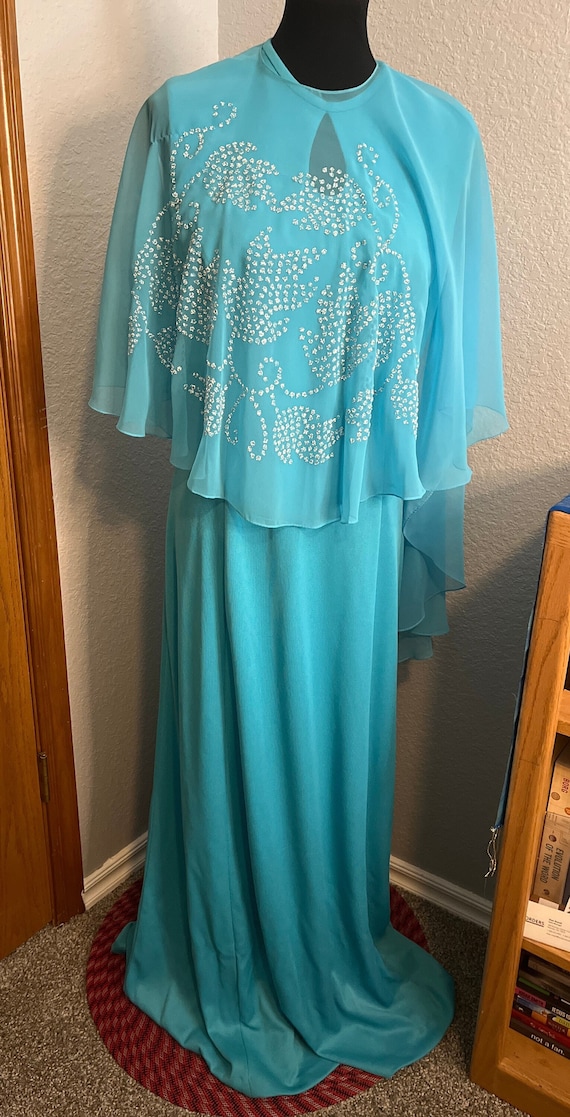 70's Polyester Maxi Dress With Sheer Cape