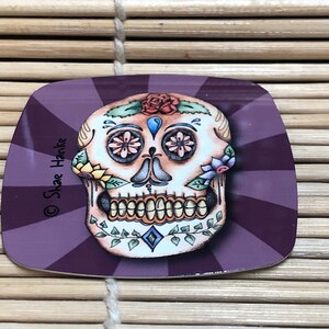 Metal Magnet with Original Calavera Drawing and Purple Stripe Background