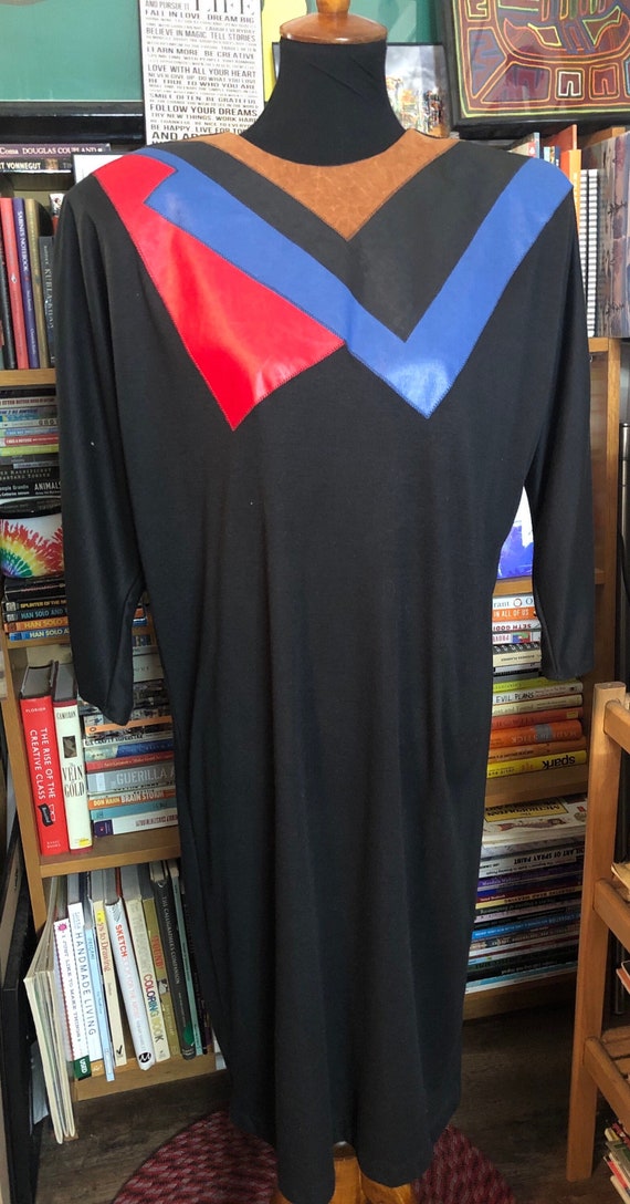 80’s Bold Shoulder Knit Dress with Faux Leather Ap