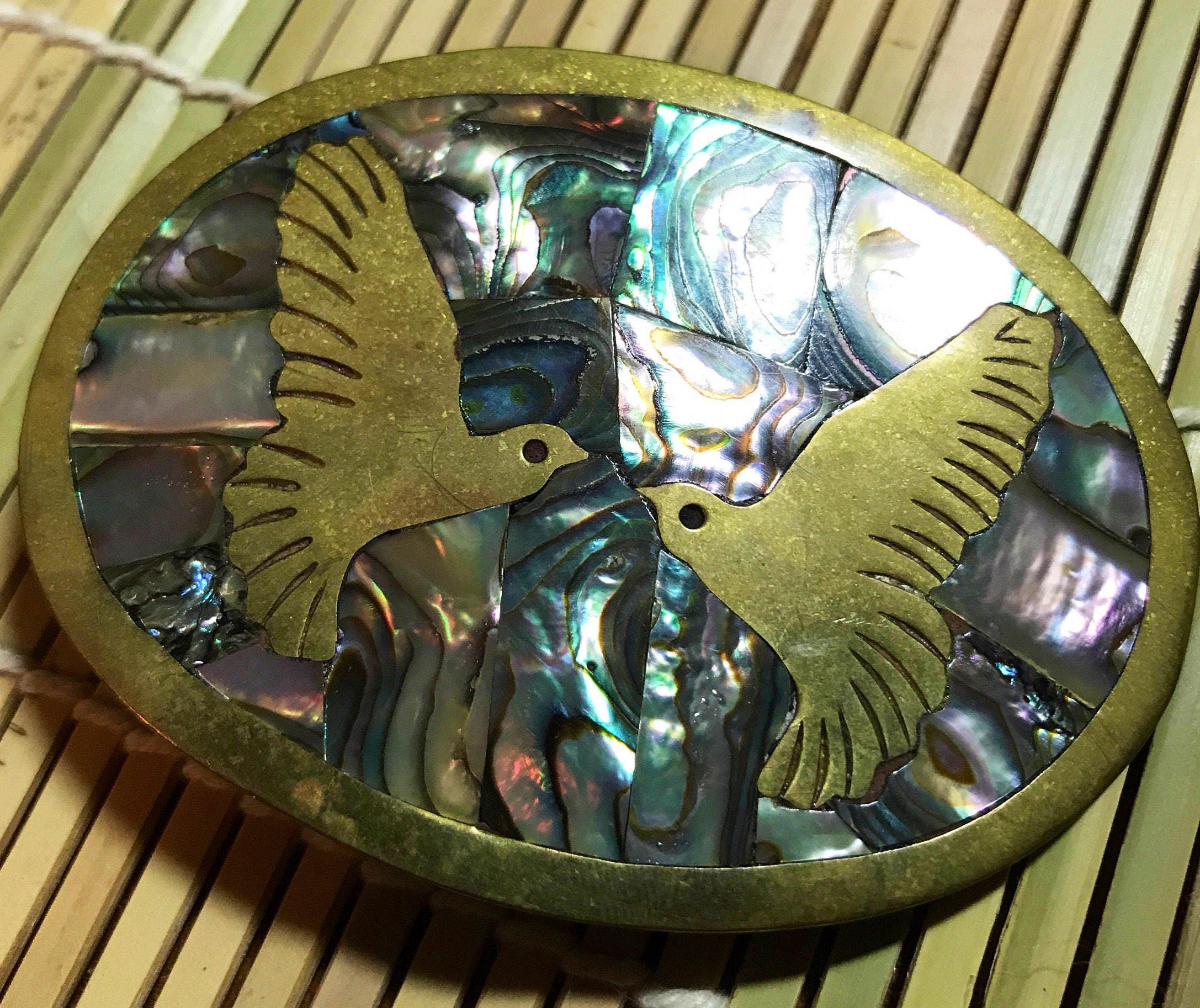 Mercedes J. Franklin Brass/abalone Inlaid Belt Buckle A821q 