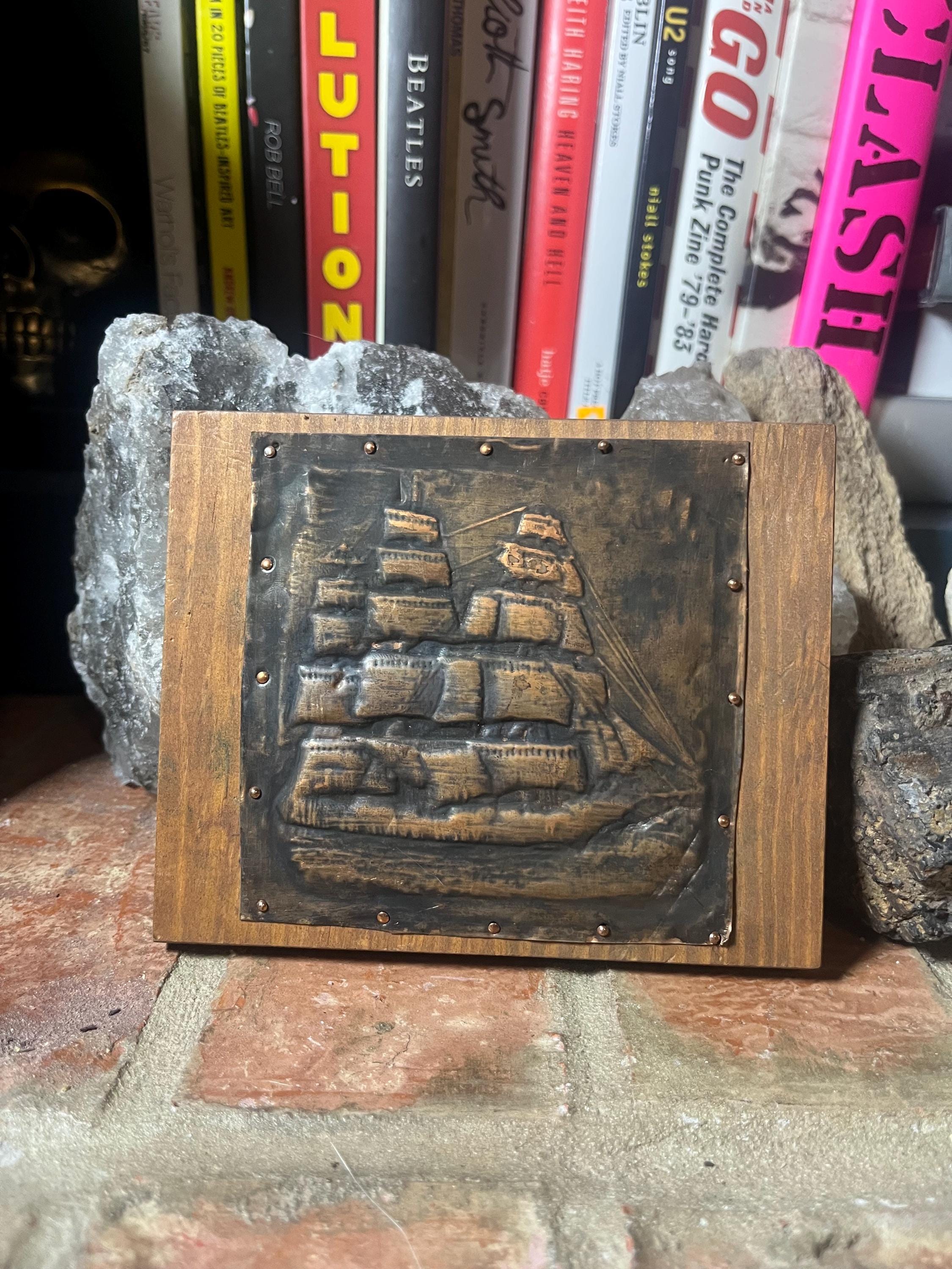 Vintage Handmade Tooled Metal Ship Plaque (1)