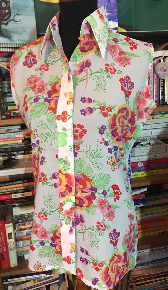 1970's Polyester Sheer Rose Print Sleeveless Blou… - image 1