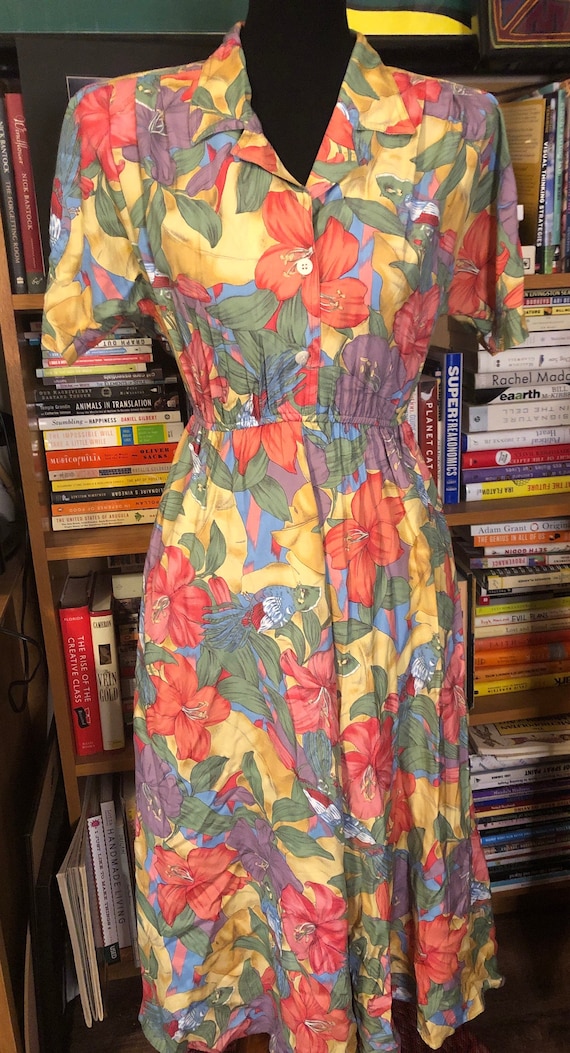 80’s Hibiscus and Parrot Print Dress by Carol And… - image 1